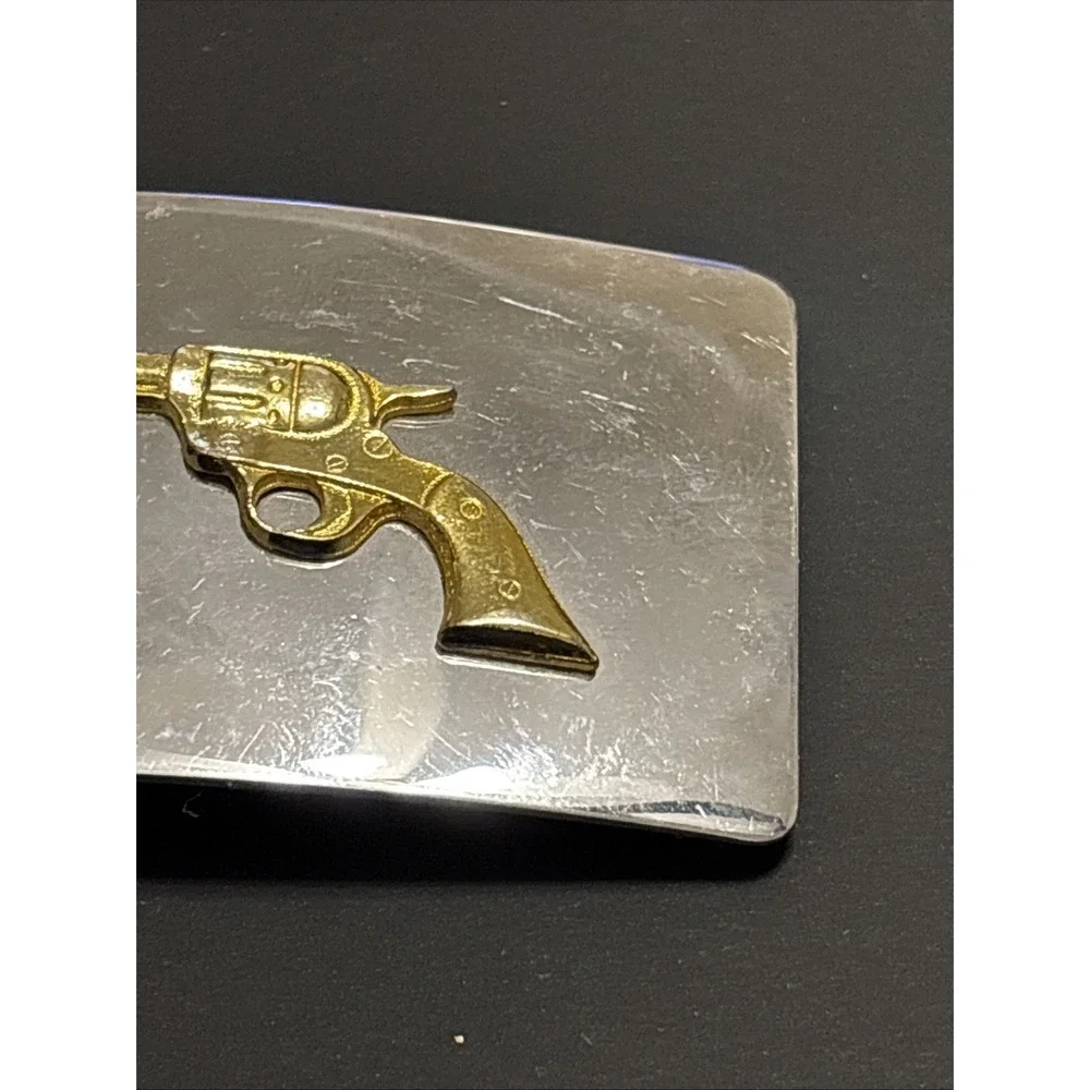 Vintage Made In USA Silver Tone Belt Buckle Gold Revolver Western Pistol Gun